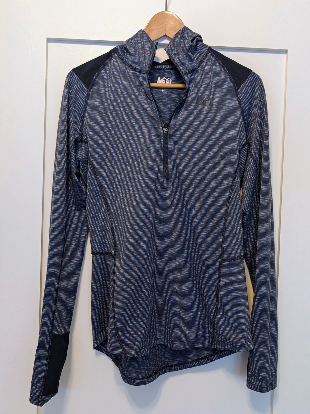 REI Co-op Women's M Blue Space Dye 1/2 Zip Hoodie Thumbholes Gorpcore Run